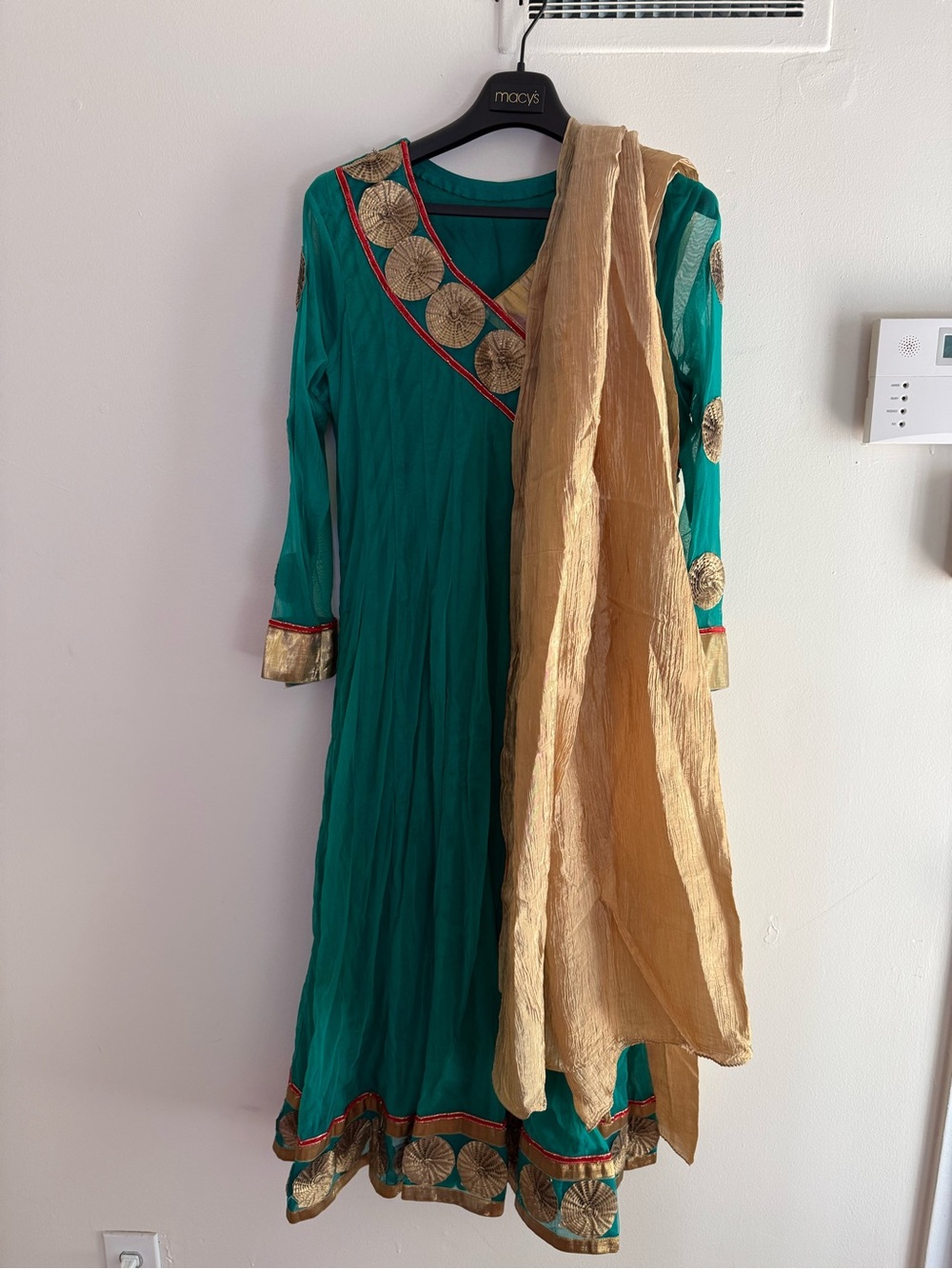 Emerald Green Anarkali Dress with Gold Dupatta and Leggings